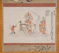 Section of handscroll mounted as a hanging scroll; deity seated on lotus pedestal on a white horse; three attendants in colorful robes behind, with clasped hands; female attendant in green near horse's head, and another attendant direction horse lower C; man in front of horse standing with outstretched, clasped hands; inscriptions in ink. Original from the Minneapolis Institute of Art.