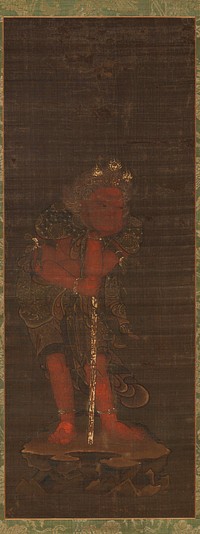 red figure with wavy, curling gold hair and a golden crown of flaming jewels; rests chin in PL hand; PL elbow propped on top of a staff he is leaning on; PR toes curled up; standing on rocky platform. Original from the Minneapolis Institute of Art.