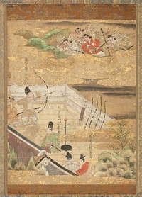 Male figures on a white-curtained balcony; one man is standing, aiming a longbow toward a cloud carrying grotesque figures brandishing weapons. Original from the Minneapolis Institute of Art.