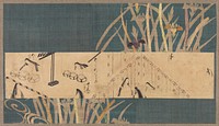 Unsigned; strip of paper featuring images from the Tale of Genji; two women seated behind low tables at L with two other figures outside the room facing them; three female figures within a room L of C; two men outside the room at R. Original from the Minneapolis Institute of Art.