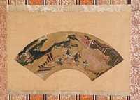 Unsigned; mounted fan painting; five figures at center with striped butterfly wings; five figures seated on verandah at R watching; dragon at UL; scene is divided by gold clouds. Original from the Minneapolis Institute of Art.