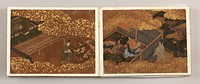 Collection of twenty images from the Tale of Genji painted in full color; primarily images of men and women inside small tatami rooms overlooking verandahs and small courtyards; clouds colored with gold leaf obscure trees and rivers. Original from the Minneapolis Institute of Art.