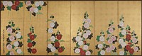 Pink, red, and white hollyhocks in various stages of blossom; bottom stems of blossoming hollyhocks also in ULQ; silver paper backing. Original from the Minneapolis Institute of Art.