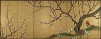 Crooked, moss-covered tree with sprawling branches spotted with pink and red plum blossoms on low green hill at R; tips of blossoming branches at bottom L; silver paper backing. Original from the Minneapolis Institute of Art.