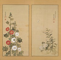 Two panel screen with two separate images of flowers: blossoming white lilies and hydrangeas highlighted with blue, and two butterflies near top on R screen; three stalks of red and white hollyhocks on L panel. Original from the Minneapolis Institute of Art.
