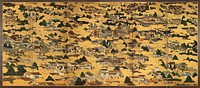 Scenes in and around Kyoto showing foreign visitors, some with "Christian" symbols; some of the figures in "western" dress are probably Japanese; other ambiguously clad figures in foreground may be Koreans; famous sites identified by labels; ornate clouds of embossed gold-leaf decorate all panels and are integral visual element of landscape. Original from the Minneapolis Institute of Art.