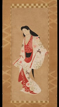 Unsigned; female figure with long, flowing hair; white outer kimono with autumn motifs of deer, chrysanthemums, pampas grass, bush clover, and maple leaves; a design of waves on the red kimono peeking through. Original from the Minneapolis Institute of Art.