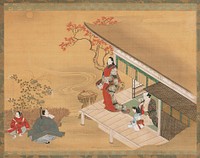 Unsigned; corner of a building with a woman standing on the verandah, looking out at a man and young boy on the ground; the child is holding a sword, and the man kneels with a fan; older woman with a young girl sit inside behind the standing woman; maple tree behind building. Original from the Minneapolis Institute of Art.