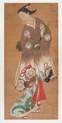 Male figure standing in three quarter pose with PL hang reaching for sword in belt; looking over PR shoulder; long robes with drum and pine design. Original from the Minneapolis Institute of Art.