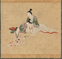 Three women relaxing together; woman in light blue lying on stomach, supporting head in hands while another woman leans on her back; younger woman in pink at LL holds a bouquet and looks up toward the other two women. Original from the Minneapolis Institute of Art.