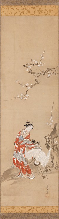 Woman in richly decorated red kimono loosely embracing a large white crane with her PL arm; vertical rock with blossoms at R; horizontal blossoming branch extending just above her head. Original from the Minneapolis Institute of Art.