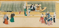 Several vignettes of men and women carousing; men rowing sleeping women on boats; women performing instruments and lounging inside buildings with barred windows; scenes inside tea houses and behind screens; ivory roller ends. Original from the Minneapolis Institute of Art.