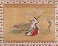 Woman standing under a blossoming tree, in front of a winding stream with small cascade; she is wrapped in a large, white kimono with green and red overcoat slipping off shoulder. Original from the Minneapolis Institute of Art.