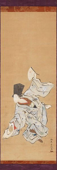 Dancing female figure in light blue outer robe with crane decoration; standing on PL foot with PL leg bent across body, foot raised; PR arm down, holding bells; PR hand held up with open fan behind body; figure is looking over PR shoulder to L; tall black hat. Original from the Minneapolis Institute of Art.