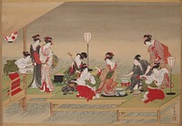 Male figure in gray and white striped kimono grabs the wrist of a young female attendant who was handing him a red dish; other young women and geisha serve tea, play instruments, and dance around the man; small feast in front of man on ground, including large red snapper; scene takes place on a green dock over water. Original from the Minneapolis Institute of Art.