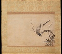 Bird with long, pointed tail perched on small branch at R, about to swoop down towards LR; cluster of pointed foliage at R. Original from the Minneapolis Institute of Art.