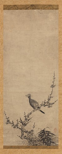 Small crested bird perched with beak open, facing L on a crooked blossoming branch; cluster of bamboo to R of branch on bottom. Original from the Minneapolis Institute of Art.