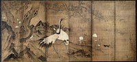 Unsigned; pair of cranes left of center; pine tree at left; swimming duck and pair of smaller birds at right; blooming white and red chrysanthemums; unsigned. Original from the Minneapolis Institute of Art.