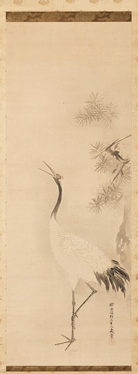 Crane standing on one leg with body facing R, and head bent back over wing to L; two stalks of bamboo at L. Original from the Minneapolis Institute of Art.