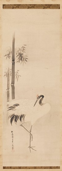 Crane standing, facing L, head up and beak slightly open; crane is standing on one leg with the other slightly bent; pine boughs at R. Original from the Minneapolis Institute of Art.