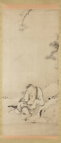 male figure in white robes seated, leaning PL arm on bent tree trunk, with eyes closed, peaceful look on face; scroll, book, and teapot to his R; pine boughs at top and R. Original from the Minneapolis Institute of Art.