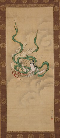 Female figure soaring through clouds with long, trailing green sash; short wooden wand in each hand; strings of beads wafting around waist. Original from the Minneapolis Institute of Art.