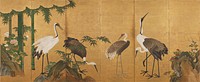 Family of cranes; rocks at R with white and red roses; bamboo fronds and rocks along bottom; large bamboo trees at L with peony blossoms; gold foil background. Original from the Minneapolis Institute of Art.