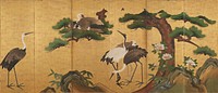 Family of cranes under the boughs of a pine tree against gold background; rocks and bamboo leaves along bottom; peony blossoms at R. Original from the Minneapolis Institute of Art.
