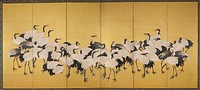 Large flock of cranes, with a few darker gray cranes against a gold background. Original from the Minneapolis Institute of Art.