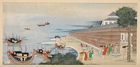 Unsigned; ships entering harbor at L; Western men unloading ships, and walking into walled port at R; multi-storied white building peeking over wall at far R. Original from the Minneapolis Institute of Art.