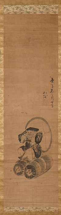 rotund figure seated straddling two large rice barrels; carries a large sack over shoulder; black robes; huge earlobes. Original from the Minneapolis Institute of Art.