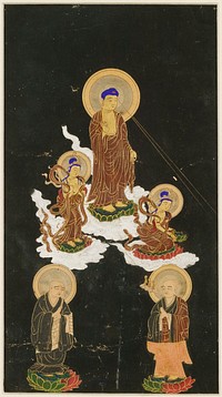 Framed: male figure in draping brown robes, large double halos, standing on cloud at UC with PR hand up, and PL down; two golden rays emanate from forehead to LR; two attendants in robes on either side of figure's feet, one at L has bent knees and is clasping hands; attendant at R is crouching and proffering a lotus to the R; two men at lower edge; man at R has a small cloud with three small figures emerging from mouth; black background. Original from the Minneapolis Institute of Art.