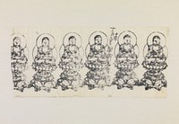 Framed: row of six seated Buddha figures; sitting cross-legged on lotus pedestal; double behind body; light inscription near C. Original from the Minneapolis Institute of Art.