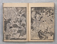 woodblock printed book with illustrations by the monk Tokusen; blue cover with plaid title label; text pages along with blocky, grotesque images of demons torturing humans, in many various, creative ways; male figures with beards and scribes; bodhisattvas on clouds and in temple complex at end. Original from the Minneapolis Institute of Art.