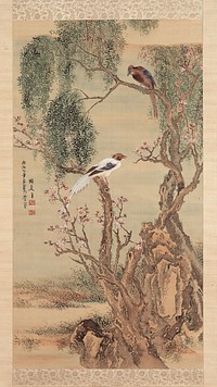 Crested white bird and crested brown bird perched on the branches of a gnarled, twisting tree with pink blossoms; blossoming tree is intertwined with a willow tree, with a rock between the two tree trunks; low grasses on ground. Original from the Minneapolis Institute of Art.