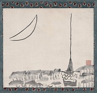 Large parade float with peaked roof and round forms under roof at R; tall point on top of float reaching skyward; abstracted buildings or other floats to L; oversized crescent moon at UL. Original from the Minneapolis Institute of Art.
