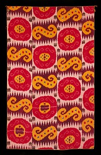 Strips of silk ikat warp, red silk weft, sewn together; repeating pattern of yellow circle with purple and blue patches inside of pink circle with 4 S-shaped swirls and purple patches with yellow S-shaped swirls and red and blue patches; backed with floral print in pinks and white; tassels at corners. Original from the Minneapolis Institute of Art.