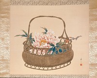 Fully open pink peony in a flower basket; short blossoming branch at R; basket has herringbone weave with looping design around neck and base; square handle. Original from the Minneapolis Institute of Art.