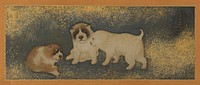 Two panel screen: two puppies on R panel: brown puppy is scratching its face, and white puppy is looking on with mouth partially open; three puppies on L panel, one at far L is seated, while the two others are standing near each other; blue background with gold flecks. Original from the Minneapolis Institute of Art.