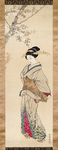 Figure on tan ground in floral kimono with red undergarment showing on sleeve and around legs; under a cherry blossom tree in UL; ivory roller ends. Original from the Minneapolis Institute of Art.