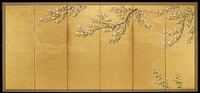 Cherry blossom branches descending from top edge against gold background; elevated gold motifs in background; thin wispy grasses and blossoming flowers lower R. Original from the Minneapolis Institute of Art.