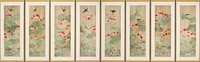 Eight panel screen; lotus leaves with pink blossoms and foliage in pond; blue and black birds perched on or hovering around blossoms; each panel has unique image. Original from the Minneapolis Institute of Art.