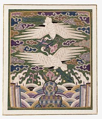 Square panel of embroidered green silk; two white cranes at center with wings outward, facing each other, one above the other; pink, blue, purple, and tan clouds; abstracted wave motif at bottom with checkered pattern at bottom center. Original from the Minneapolis Institute of Art.