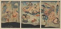 Framed triptych: male and female figure seated on a cushion at C, watching the antics of creatures with human bodies with sea-creature heads: at L, fish with human bodies wrestle, while another figure holds up an object under the spray of a black whale at bottom; near C, a tortoise balances a sake barrel on its leg, while a crab cuts paper decorations; at R, a squid, fish, and other creatures play instruments, and look on. Original from the Minneapolis Institute of Art.