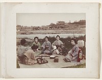 Small group of women with two men seated in semi-circle on woven reed blanket having a picnic; tray with food and beer, two stringed instruments, lanterns; foreground is hand colored; background features a river and buildings. Original from the Minneapolis Institute of Art.