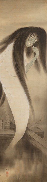 A footless, hovering ghost figure emerges from mist enclosed by a wooden fence; the figure wears a white robe and has gray skin and long, black hair; a strand of the figure's hair is held firmly in-between his/her teeth and the figure grasps the end of the strand with his/her hand. Original from the Minneapolis Institute of Art.