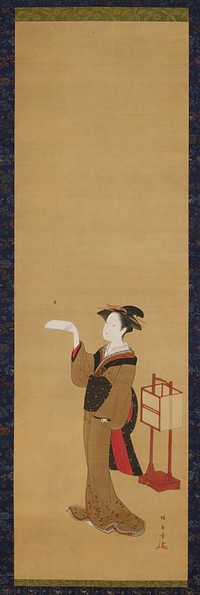 A woman stands with her back to a lantern and her right arm outstretched, a wad of white paper in her hand, preparing to catch a spider that dangles from a single web strand. Original from the Minneapolis Institute of Art.