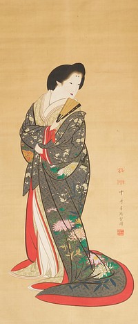 A woman in a blue and gold kimono with various flowers and red edging looks over her left shoulder while fanning herself with a partially open hand fan; her teeth are blackened and she has two black dots on her forehead. Original from the Minneapolis Institute of Art.