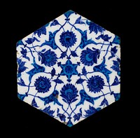Hexagonal Tile palmette and arabesque design in turquoise and dark blue on white; Damascus. Original from the Minneapolis Institute of Art.
