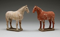 standing horse; rust red with white mane and tail; black lines on body and face delineating muscles and features; brown dots and lines on mane and tail; rectangular base. Original from the Minneapolis Institute of Art.